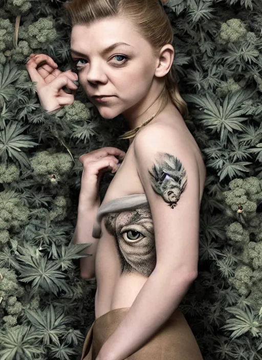 Image similar to natalie dormer wearing miniskirt made of marijuana with fox - tail, beautiful tattoos, focus, zeiss lens, detailed, symmetrical, centered, by nicoletta ceccoli, mark ryden, lostfish, earl nore, hyung tae, frank frazetta, breathtaking, 8 k resolution, extremely detailed, beautiful, artistic, hyperrealistic, award - winning photography