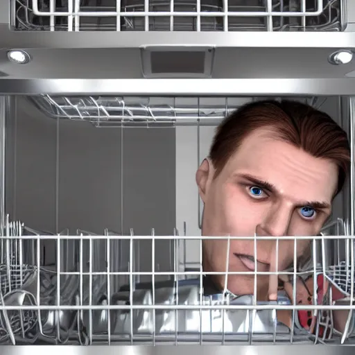 Prompt: jerma 3 4 5 1 stuck in the dishwasher he can't get out, realistic, hdr, clear image, hdd, dynamic lighting,