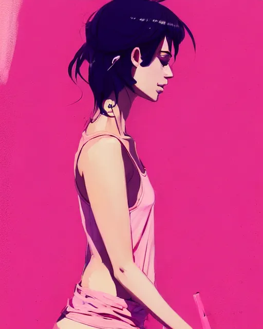 Image similar to a ultradetailed beautiful painting of a stylish woman in a pink tank top, by conrad roset, greg rutkowski and makoto shinkai trending on artstation