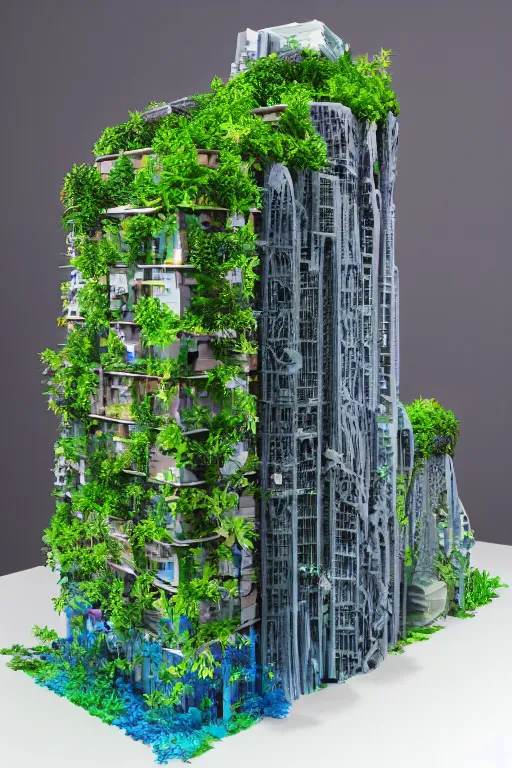 Image similar to 3 d printed physical model organic flowy including more than one city into one vertical building model that sits on a table in a room with a view back, multiple stories, transparent, with vegetation, colorful, eye - level view, 8 0 k, octane render, highly detailed 3 d render,