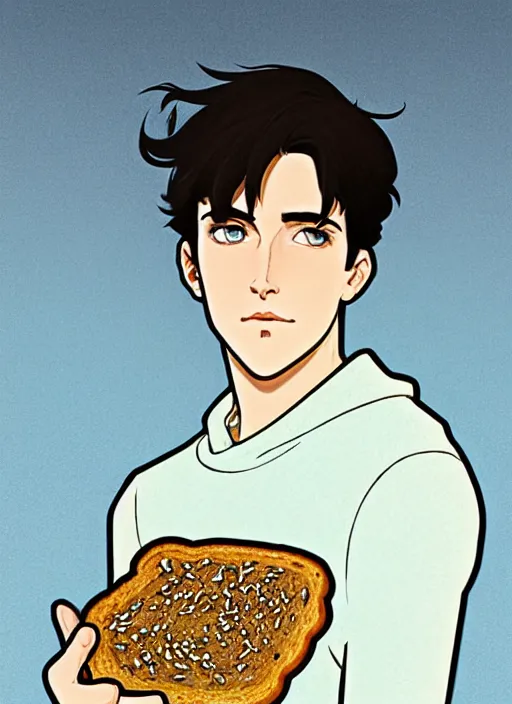 Image similar to well - lit art nouveau portrait of a young man with short black hair, very light blue eyes, pale skin, serious expression, jeans, black hoodie, eating a slice of plain wholegrain bread, natural lighting, path traced, highly detailed, high quality, cartoon, digital painting, by don bluth and ross tran and studio ghibli and alphonse mucha