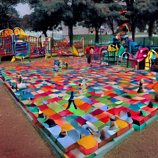 Prompt: colorful and bright chessboard on a playground made of children’s toys, award winning photography, wide shot, vintage 70s scanned magazine ad