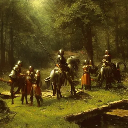 Image similar to a small group of medieval european knights are resting at a small clearing a dark wood along a small stream, highly detailed, digital painting, sharp focus, by alber bierstadt greg rutkowski