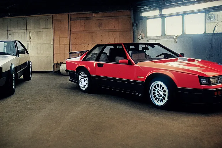 Image similar to a single 1988 Audi Quattro, BMW M1 Lincoln Continental, inside of a Tokyo garage, ektachrome photograph, volumetric lighting, f8 aperture, cinematic Eastman 5384 film