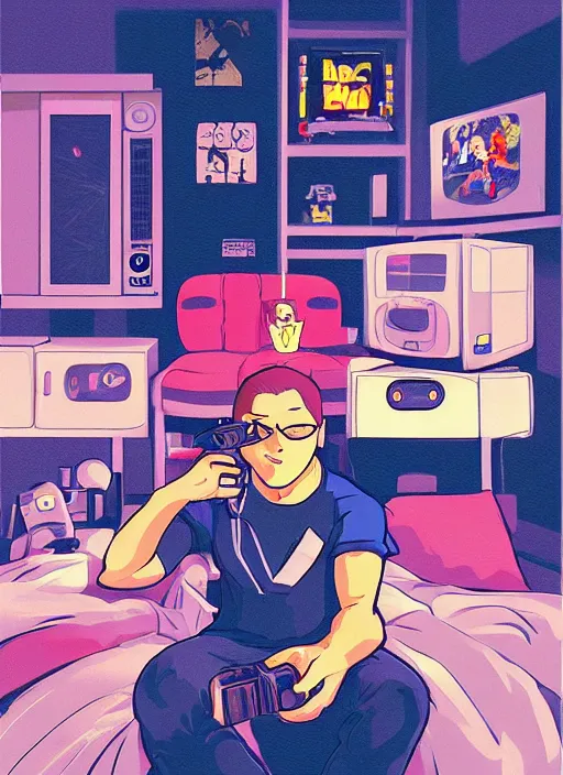 Prompt: video gamecore, gamecore, gamercore pop art of a man playin playstation 5 on his bedroom at night, cinematic perspective, studio ghibli, pop art, trending in artstation, behance, deviantart