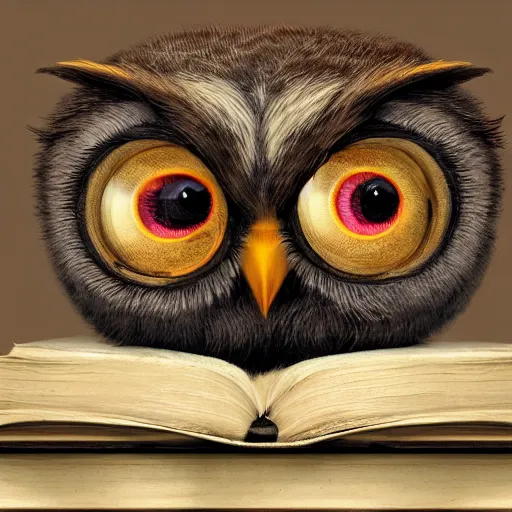 Image similar to long shot of a very cute plush owl sitting on a pile of antique books, big eyes half closed, by naoto hatori, by yoshita amano, by esao andrews, humorous illustration, hyperrealistic, big depth of field, fresh colors, dim light, 3 d octane render conceptart, 4 k, highly detailed, trending on artstation