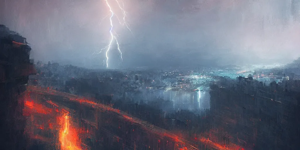 Prompt: a city on a big cliff, eery, scary, dark, lightning, digital art by alena aenami