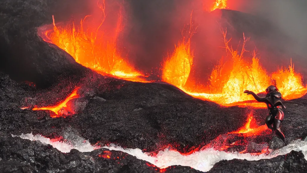 Image similar to person in armor surfing down a river of lava on the side of a volcano on surfboard, action shot, dystopian, thick black smoke and fire, motion blur, sharp focus, cinematic, tilt shift lens