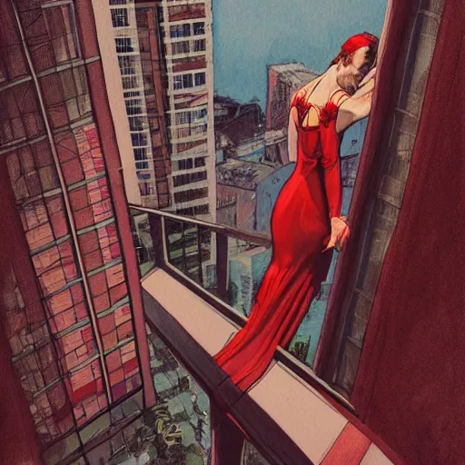 Prompt: a beautiful artwork of a woman in red dress sitting on the balcony of a hotel at night, top view, by Jerome Opeña, featured on artstation