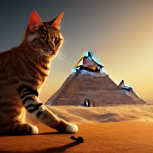 Image similar to egyptian cat, golden hour, fantasy, sharp focus, digital art, hyper realistic, 4 k, unreal engine, highly detailed, hd, dramatic lighting by brom, trending on artstation