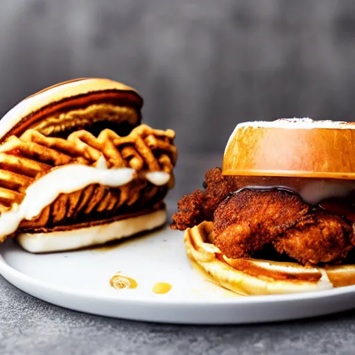 Image similar to photograph of a crispy Cajun fried chicken sandwich with Belgian Waffle Bun, maple syrup & hot fudge, ice cream on the side, 4K, HD