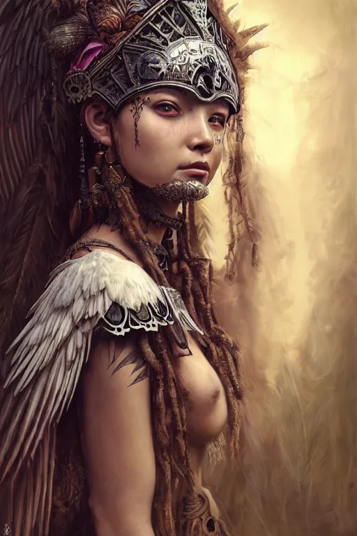 Image similar to A masterpiece ultrarealistic portrait of a Irristible angel princess tribal-shaman-knight-witch-ghost with Skull Iron mask. baroque renaissance girl in the night forest. medium shot, intricate, elegant, highly detailed. trending on artstation, digital art, by Stanley Artgerm Lau, WLOP, Rossdraws, James Jean, Andrei Riabovitchev, Marc Simonetti, Yoshitaka Amano. background by James Jean and Gustav Klimt, light by Julie Bell, 4k, porcelain skin.