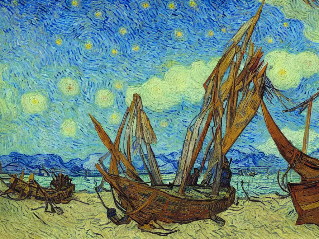 Image similar to bright beautiful oil painting of a viking longship beached on a tropical desert island, light scatter, van gogh