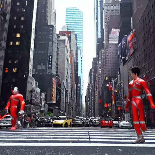 Prompt: giant ultraman walking on new york street!, cinematic,