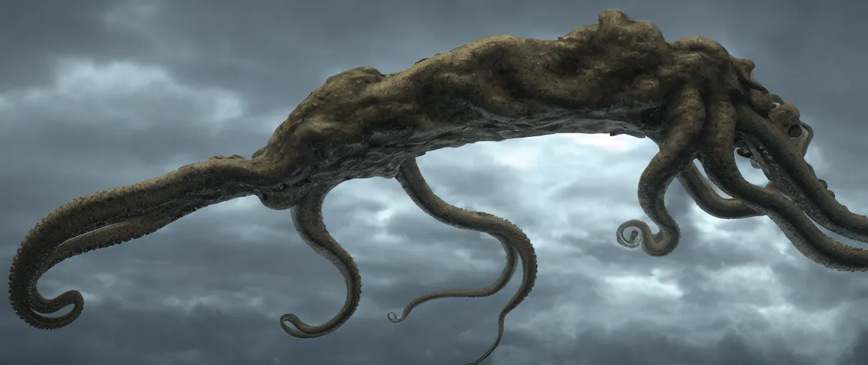 Prompt: a giant octopus tentacle hanging from the clouds over a rain forest, still from the movie the arrival, 8k