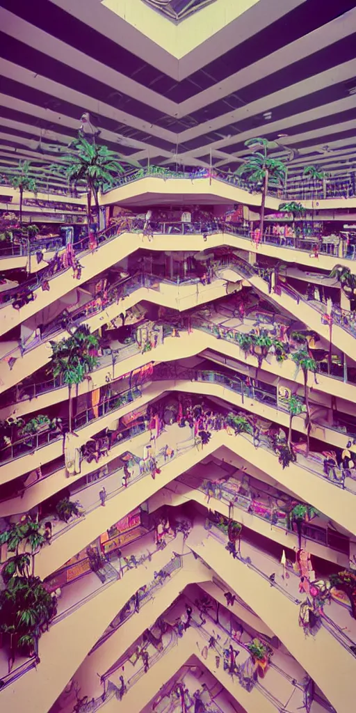 Image similar to huge sprawling angular dimension of infinite 8 0 s mall interior. liminal space, surrealism, mallsoft, vaporwave. muted colors, 8 0 s pop culture, food court, shot from above, endless, neverending epic scale by escher and ricardo bofill