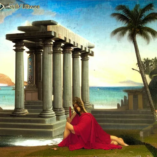 Image similar to Doric temple on front of balustrade and palace columns, refracted lightnings on the ocean, thunderstorm, tarot cards characters, beach and Tropical vegetation on the background major arcana sky and occult symbols, by paul delaroche, hyperrealistic 4k uhd, award-winning, very detailed paradise