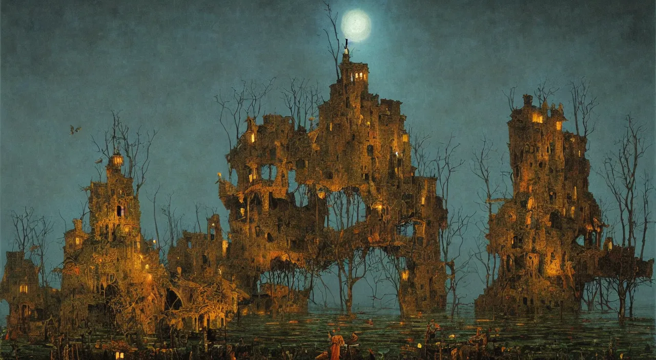 Prompt: an oil painting of a flooded ancient fungi tower at night by beksinski carl spitzweg jan van eyck audubon rene magritte max ernst, full-length view, highly detailed, vibrant colors, high contrast, symmetry, great composition, high detail, cinematic lighting, award winning masterpiece, trending on artstation