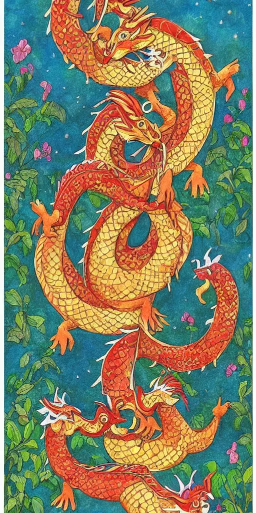 Prompt: greeting card, love, 2 beautiful royal dragons, by wylie beckert, warm colors, cozy