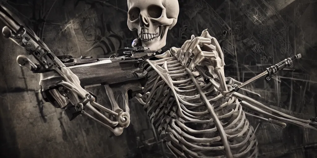 Prompt: skeleton in a pinstripe suit firing a tommy gun, realistic 4 k octane beautifully detailed render, 4 k post - processing, highly detailed, intricate complexity, epic composition, magical atmosphere, cinematic lighting, masterpiece, ultra hd