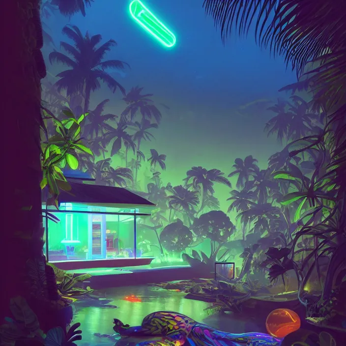 Image similar to a bioluminescent neon tropical cottage by paolo eleuteri serpieri and tomer hanuka and chesley bonestell and daniel merriam and tomokazu matsuyama, unreal engine, high resolution render, featured on artstation, octane, 8 k, highly intricate details, vivid colors, vector illustration