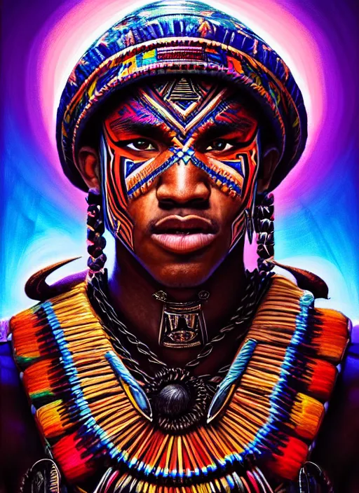 Prompt: portrait of jessie usher, hyper detailed ultra sharp aztec shaman warrior. trending on artstation, warpaint aesthetic, bloodwave, colorful, psychedelic, ornate, intricate, digital painting, concept art, smooth, sharp focus, illustration, art by artgerm and greg rutkowski and h. r. giger, 8 k