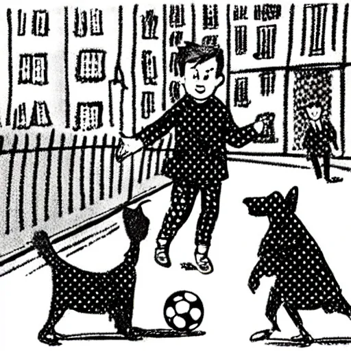 Image similar to illustration of french boy on the streets of paris playing football against a corgi, the dog is wearing a polka dot scarf, comic, 1 9 6 3