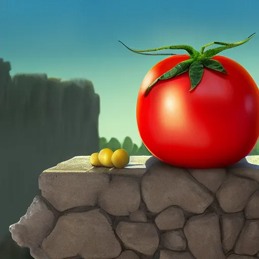 Prompt: a beautiful matte painting of bob the tomato, by steve argyle and mark arian