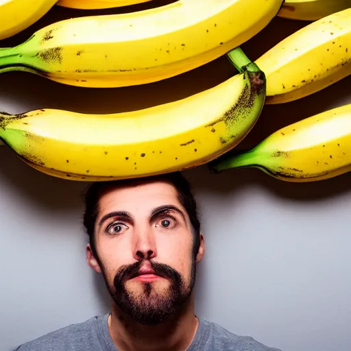 Image similar to flash photography of a high guy staring intently at a banana