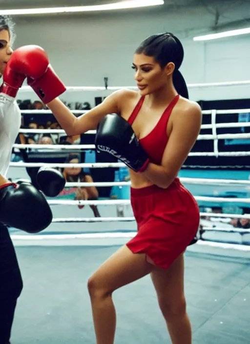 Image similar to film still of kylie Jenner boxing kim kardashian.