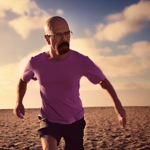 Image similar to Walter White running on the beach, artistic, 8k, cinematic, accurate, symetric, face, dramatic lighting, pastel colours