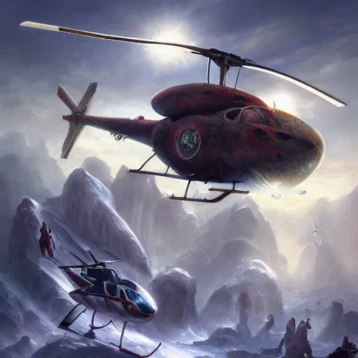 Prompt: helicopter-ice-fusion in a savannah, matte fantasy painting, DeviantArt Artstation, by Jason Felix by Steve Argyle by Tyler Jacobson by Peter Mohrbacher, cinematic lighting