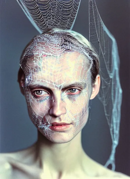Image similar to Kodak Portra 400 of a beautiful woman, highly detailed, young robin write style 3/4 , fine art portrait photography by Paolo Roversi, face and body merging with opalescent spiderwebs with drops, elegant bust and neck with intricate spiderwebs details, symbolic metamorphosis complex 3d render , 150 mm lens, art nouveau fashion embroidered, elegant, hyper realistic, ultra detailed, octane render, soft colours scheme, emotionally evoking, head in focus, fantasy, soft blur background light, volumetric lighting, Refined, Highly Detailed, fine art fashion magazine style, 8k post production