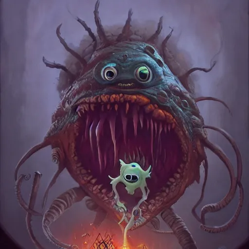 Image similar to nightmarish version of mike wazowski, eldritch horror, vile monster, sharp teeth in a gaping mouth, artwork by peter mohrbacher and eddie mendoza