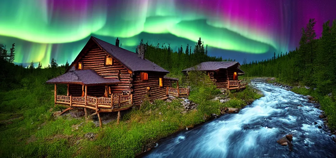 Prompt: a river running past a cozy cabin carved into the mountain side, night, rainbow aurora, award winning, highly detailed