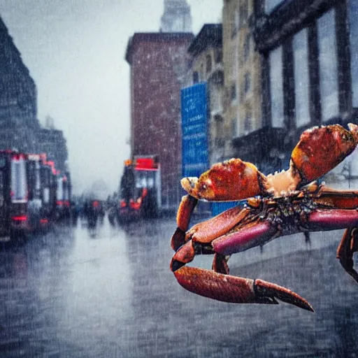 Image similar to Giant crab housed hd masterpiece lensraiblur rainy moody cityscene with crabs in trenchcoats, national geographic, instagram, High quality award winning photography by Netflix. This city once used to be my home, now its a crabtown where trenchcoats come a dime a dozen.