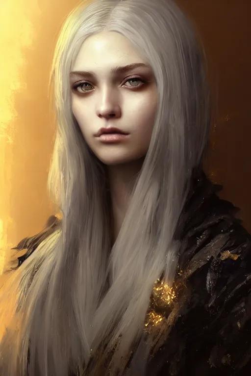 Image similar to a fancy portrait of a beautiful young girl with silver hair and golden eyes by greg rutkowski, sung choi, mitchell mohrhauser, maciej kuciara, johnson ting, maxim verehin, peter konig, bloodborne, 8 k photorealistic, cinematic lighting, hd, high details, dramatic, dark atmosphere, trending on artstation