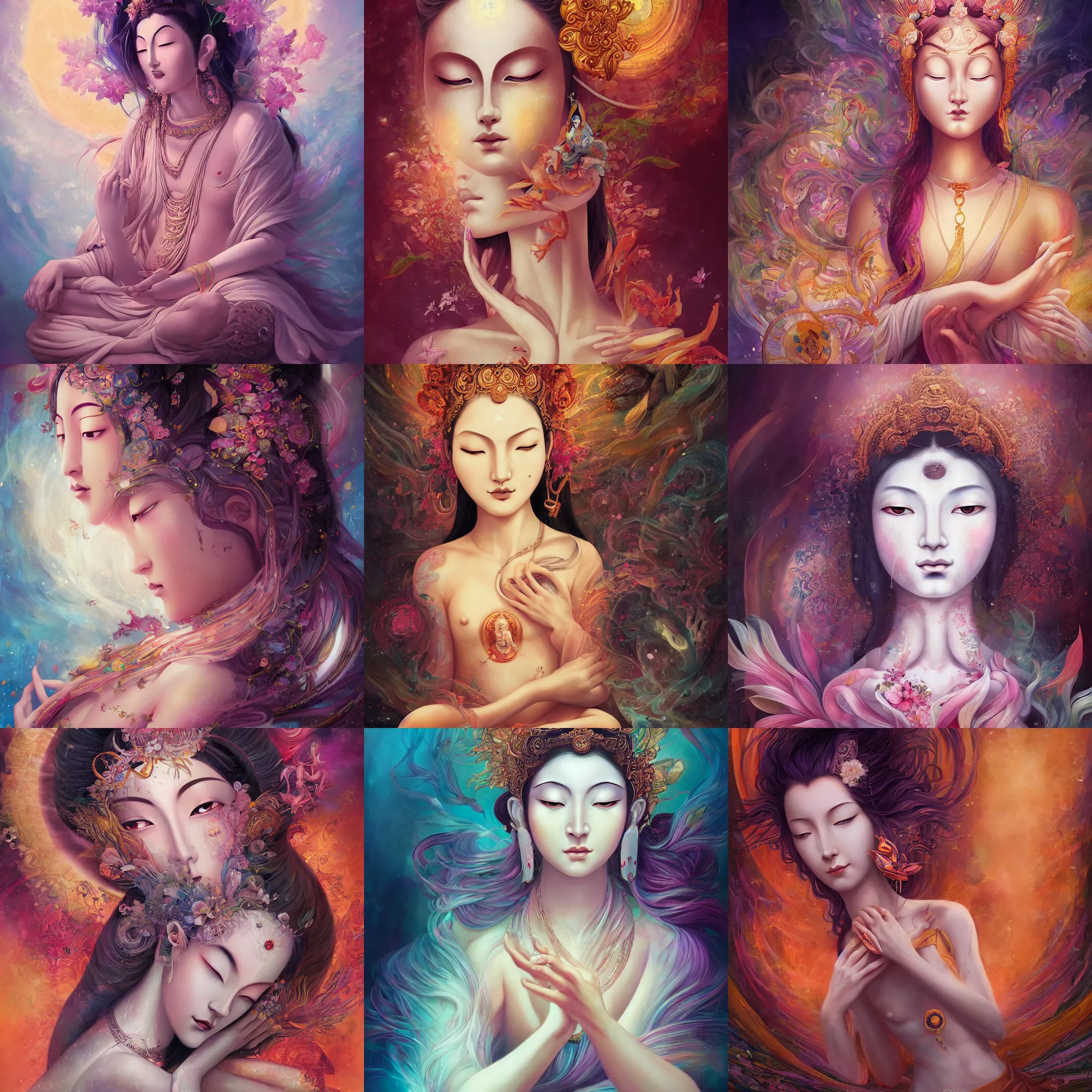 Prompt: portrait of a female bodhisattva reaching nirvana by anna dittmann, digital art. surreal. featured on art station. anime arts. featured on pixiv, hd, 8 k, highly detailed, good lighting