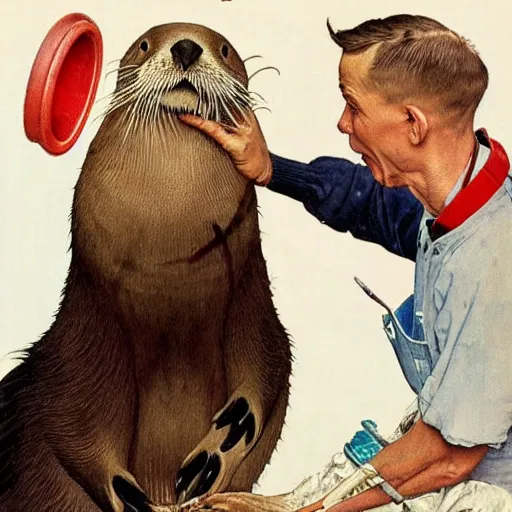 Image similar to a Norman Rockwell painting of a humanoid sea otter dentist