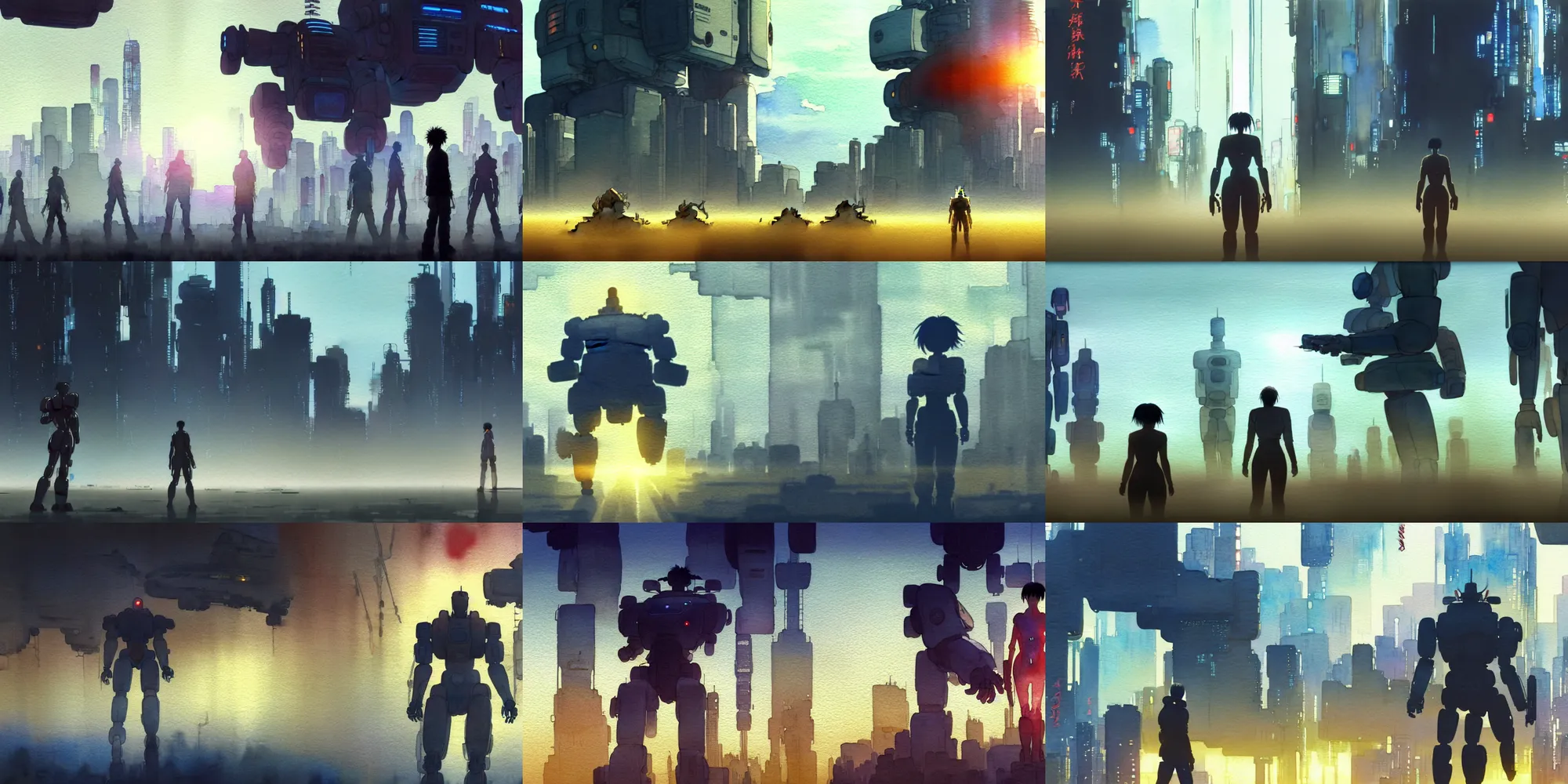 Image similar to incredible wide screenshot, ultrawide, simple watercolor, watercolor paper, rough paper texture, katsuhiro otomo ghost in the shell movie scene, backlit distant shot of a giant robot invasion side view, robots fight, mecha, geiger,robot eyes, robot head, robot shadow, robot crusher, robot stomp, panic, looking up, yellow parasol in deserted dusty shinjuku junk town, broken vending machines, bold graphic graffiti, old pawn shop, bright sun bleached ground, mud, fog, dust, windy, scary robot monster lurks in the background, ghost mask, teeth, animatronic, black smoke, pale beige sky, junk tv, texture, shell, brown mud, dust, tangled overhead wires, telephone pole, dusty, dry, pencil marks, genius party,shinjuku, koju morimoto, katsuya terada, masamune shirow, tatsuyuki tanaka hd, 4k, remaster, dynamic camera angle, deep 3 point perspective, fish eye, dynamic scene