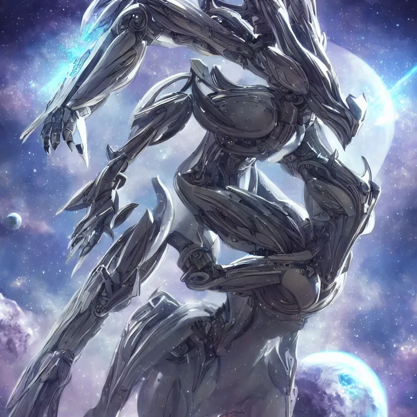 Image similar to goddess shot, galactic sized stunning beautiful anthropomorphic robot mecha female dragon, in space, larger than planets, holding the earth, the earth a mere marble in her claws, detailed silver armor, epic proportions, epic scale, detailed digital art, ultra detailed, furry, macro art, dragon art, giantess, warframe fanart, furaffinity, deviantart, realistic