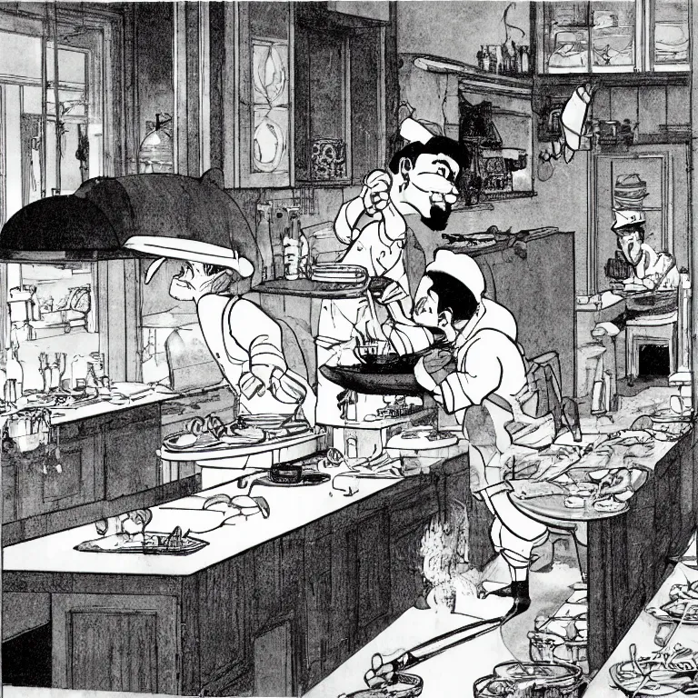 Image similar to a chef cutting screaming fat carp in the kitchen, detailed, high quality, high resolution, color illustration by Winsor McCay little nemo