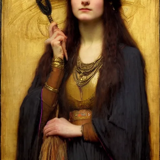 Prompt: orientalist portrait of a tired witch in formal wear holding an iridescent oak magic wand intricate portrait by john william waterhouse and Edwin Longsden Long and Theodore Ralli and Henryk Siemiradzki, very coherent symmetrical artwork. Cinematic, hyper realism, high detail 8k