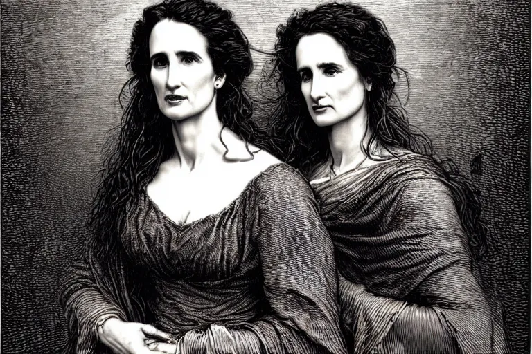 Prompt: andie macdowell portrait by gustave dore and dan mumford, museum print of copper plate etching