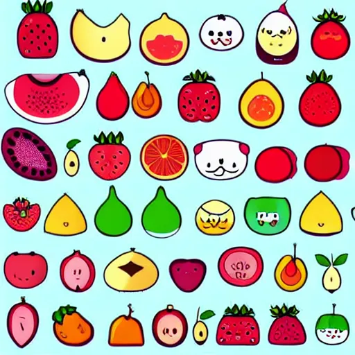 Prompt: a set of kawaii fruits isolated on white background, stylized, cartoon, cute, vector graphics, trending on pinterest, featured on artsation, high quality,