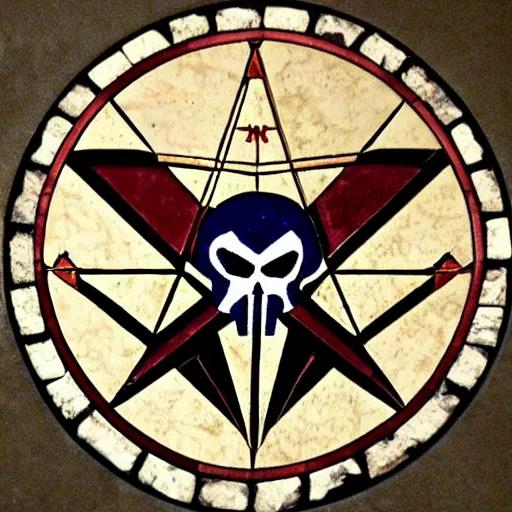 Image similar to punisher symbol in the form of a masonic tile floor mosaic in the form of punisher symbol in masonic temple