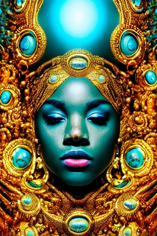 Image similar to hyperrealistic cinematic super expressive! oshun goddess immersed in water!, droplets dripping, gold ornate body jewely, highly detailed face, digital art masterpiece, smooth eric zener cam de leon, dramatic pearlescent turquoise light on one side, low angle uhd 8 k, shallow depth of field