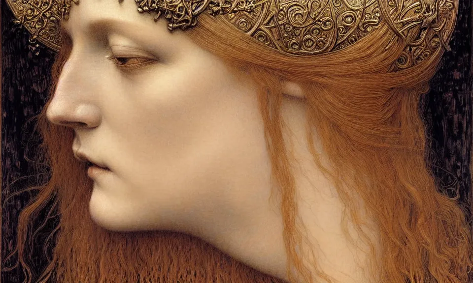 Image similar to detailed realistic beautiful young medieval queen face portrait by jean delville, gustave dore and marco mazzoni, art nouveau, symbolist, visionary, gothic, pre - raphaelite. horizontal symmetry