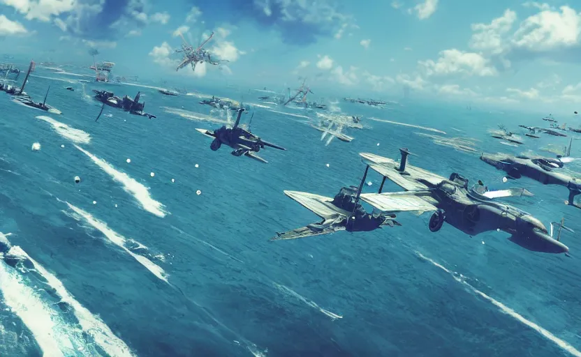 Image similar to Battle of Midway by Makoto Shinkai, cyborgs, beeple, octane render