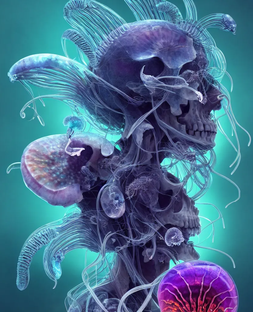 Image similar to goddess close-up portrait ram skull, thorax, x-ray, backbone, jellyfish phoenix head, nautilus, orchid, skull, betta fish, bioluminiscent creatures, intricate artwork by Tooth Wu and wlop and beeple. octane render, trending on artstation, greg rutkowski very coherent symmetrical artwork. cinematic, hyper realism, high detail, octane render, 8k